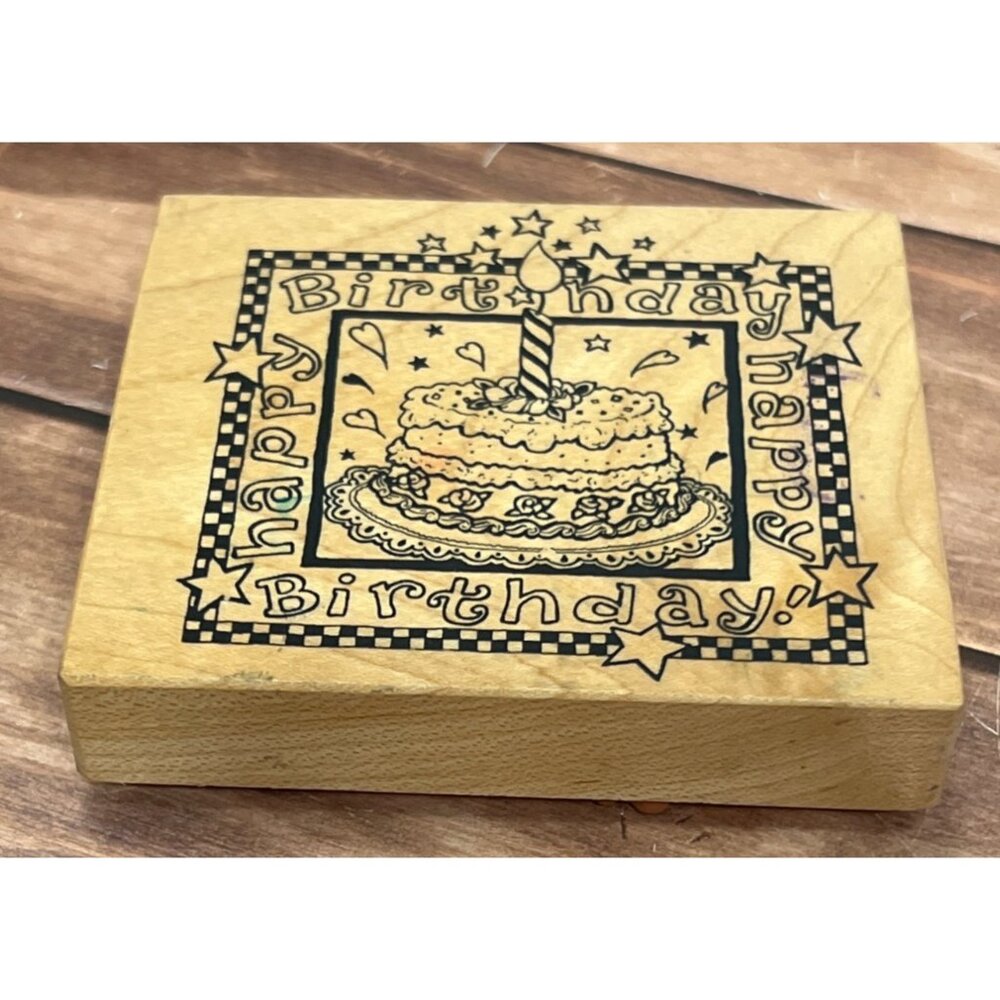 PSX K-1337 HAPPY BIRTHDAY CAKE WOOD MOUNTED RUBBER STAMP HEARTS STARS